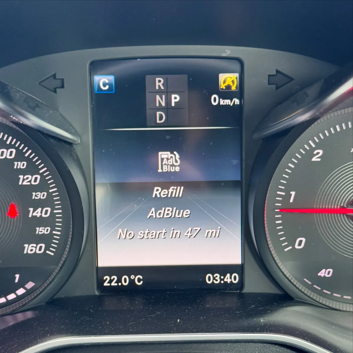 Mercedes dashboard showing Refill AdBlue, no start in 47 miles.